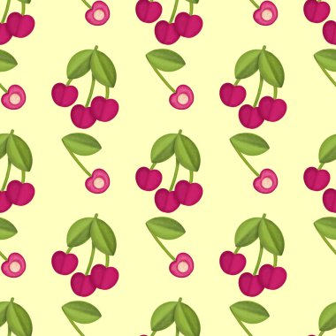Taze kirazlı el kusursuz desen tasarımı. Tekstil, ambalaj kağıdı ve duvar kağıtları için kırmızı kiraz çileği yaratıcı yüzey dokusu.