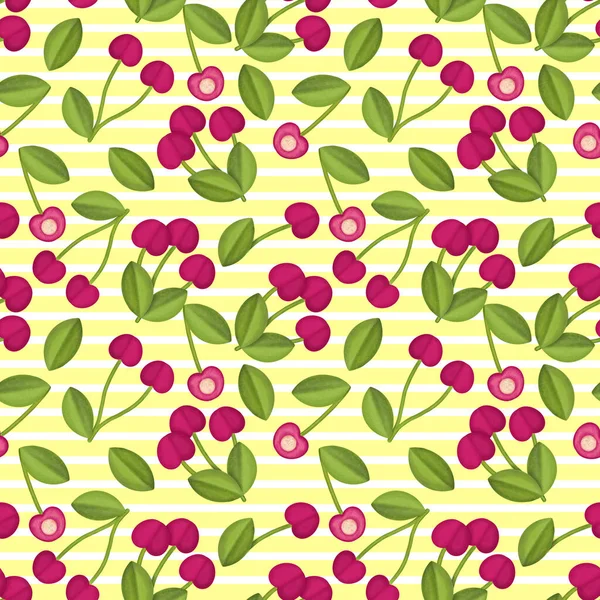 Fresh Cherry Hand drawn Seamless Pattern design. Red Cherry Berry creative surface texture for textile, wrapping paper and wallpapers. — Stock Photo, Image