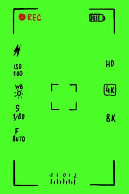 Kamera çerçevesi ekran bulucu karalama modeli. Basit bir el çizimi video kamera görüntüleyici. Resim kamerası rec arayüzü şablonu.
