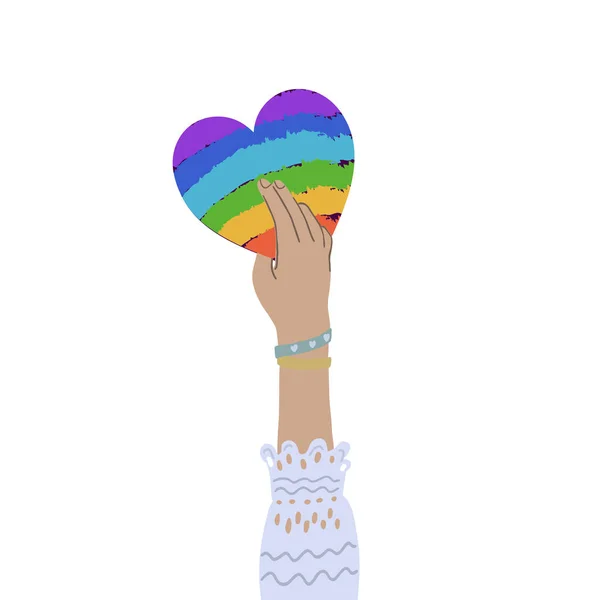 Mano sosteniendo el corazón del arco iris. Igualdad, unidad, concepto de derechos LGBTQ. Ilustración plana. — Vector de stock