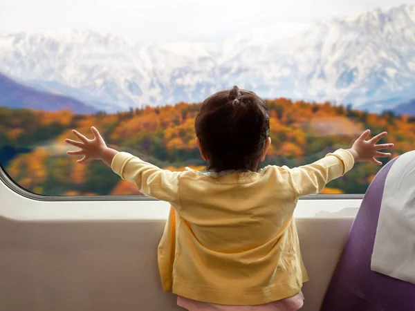 Soft Focus Bambini Felici Eccitati Che Viaggiano Treno Con Sua — Foto Stock