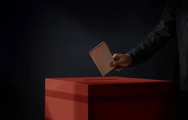 Election Concept Person Dropping Ballot Card Vote Box Dark Cinematic — Stock Photo, Image