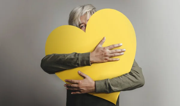 Love Yourself Concept Happy Person Embracing Self Hugging Big Heart — Stock fotografie