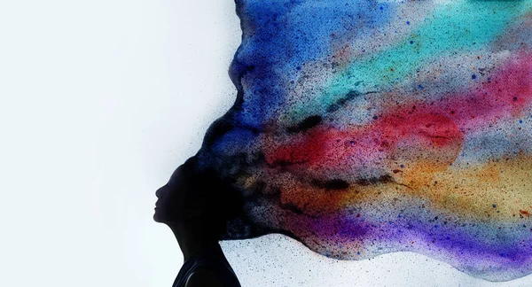 Mental Health Imagination Creativity Concept Photo Silhouette Femme Combinée Avec — Photo