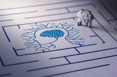 Akıl Sağlığı Konsepti. Bir akıl hastalığını tedavi etmek için terapist ya da kişiye meydan okuma. Psikolojik Karmaşıklık, Duygu, Anılar, Algılar ve İnsanların Dilekleri. Maze 'de minyatür