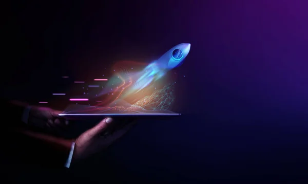 Futuristic Conceptual Photo Startup Concept Rocket Take Released Digital Tablet — Stock Photo, Image