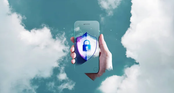 Cibersegurança Conceito Tecnologia Nuvem Protegendo Cloud Computing Online Systems Mão — Fotografia de Stock