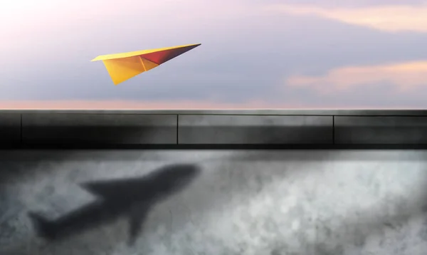 ビッグ スタートアップ モチベーションのコンセプトを考えてください 紙飛行機空を飛んで壁に飛行機として影をシェーディング — ストック写真