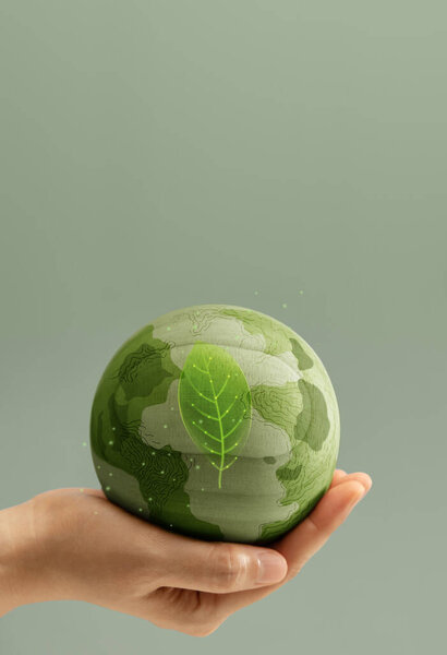 Earth in hands symbolizing sustainability, Recyling and Renewable, environmental care, Responsible Business, Vertical image, Top View