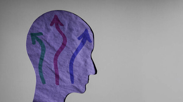 Человеческая голова со стрелами, показывающими стресс, тревогу, замешательство, давление принятия решений и умственную борьбу в быстро меняющемся обществе и экономике