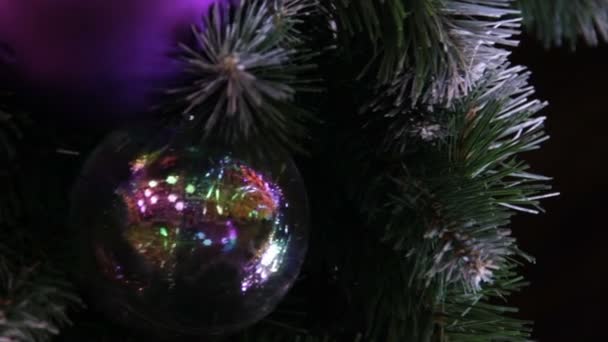 Zilveren Glanzende Ballen Bloemenslinger Groene Dennenboom Macro Gelukkig Nieuwjaar Kerstthema — Stockvideo