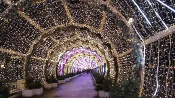 Moscow Russie December 2019 Lichtgevende Heldere Sneeuwvlokkenkleurige Bloemenslingers Lichttunnel Kerst — Stockvideo