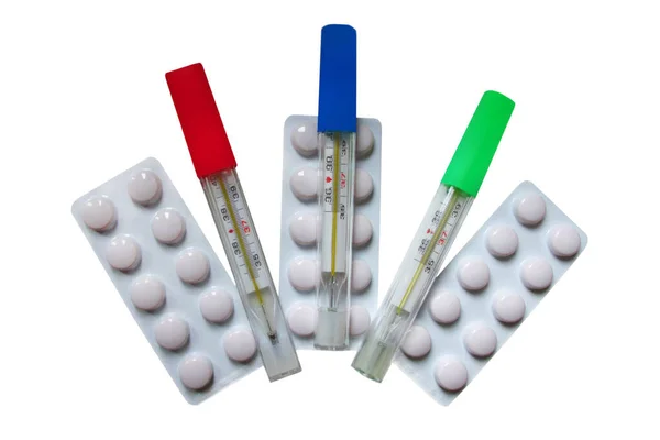 Tabletten Platen Voor Het Verbeteren Van Het Gezichtsvermogen Thermometers Een — Stockfoto