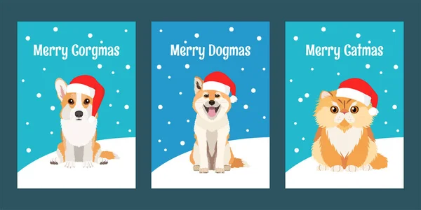 Feliz Natal Cartões Conjunto Com Animais Estimação Vestindo Chapéus Papai —  Vetores de Stock