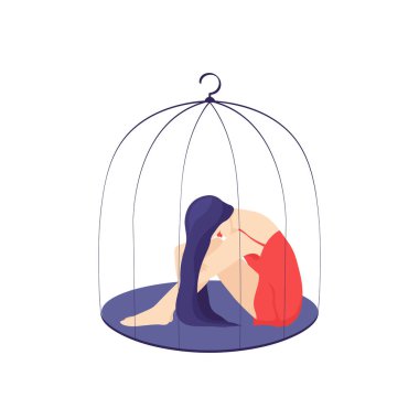 Kafese kapatılmış üzgün bir kadının resmi. Depresyon, baskı, kısıtlama, istismar kavramı. Vektör illüstrasyonu beyaz arkaplanda izole edildi