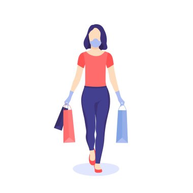 Koruyucu maske ve tıbbi eldiven takmış alışveriş torbalarıyla yürüyen bir kadın. Beyaz arkaplanda vektör çizimi izole edildi. Düz renkli modern çizim tasarımı. 