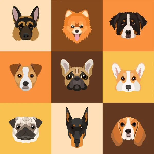 Απρόσκοπτη Διανυσματικό Μοτίβο Φυλές Σκύλων Επίπεδη Σχεδίαση Ζεστά Χρώματα — Διανυσματικό Αρχείο