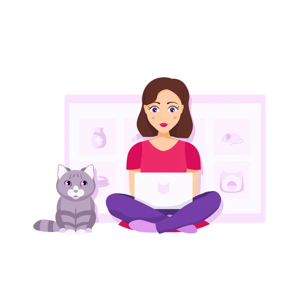 一个女孩坐在枕头上 为她的宠物在网上商店里买东西的平面矢量图片 网上购物从家里 因白人背景而被隔离 — 图库矢量图片
