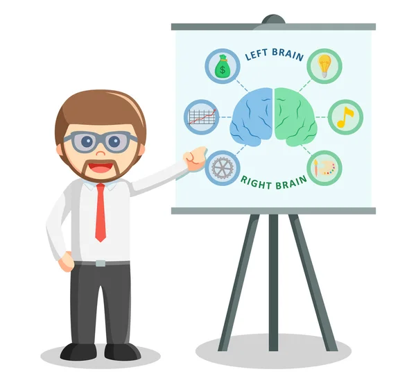 Business man giving presentation about left and right brain — Stock Vector