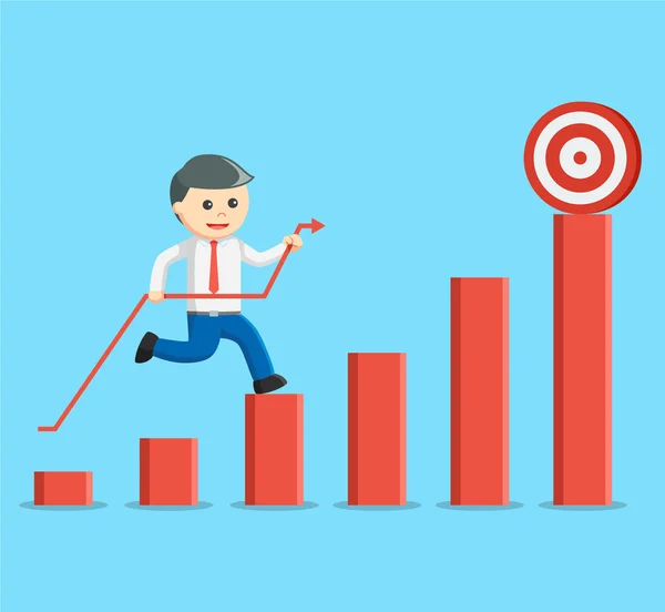 Zakenman klimmen een staafdiagram met de pijl om het doel te raken — Stockvector