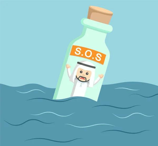 Empresário árabe em flutuante sos garrafa —  Vetores de Stock