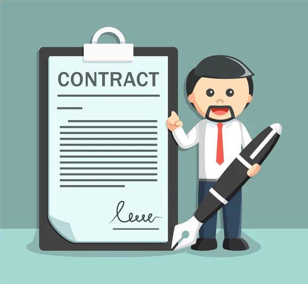 Businessman with a big pen and paper contracts — Stock Vector