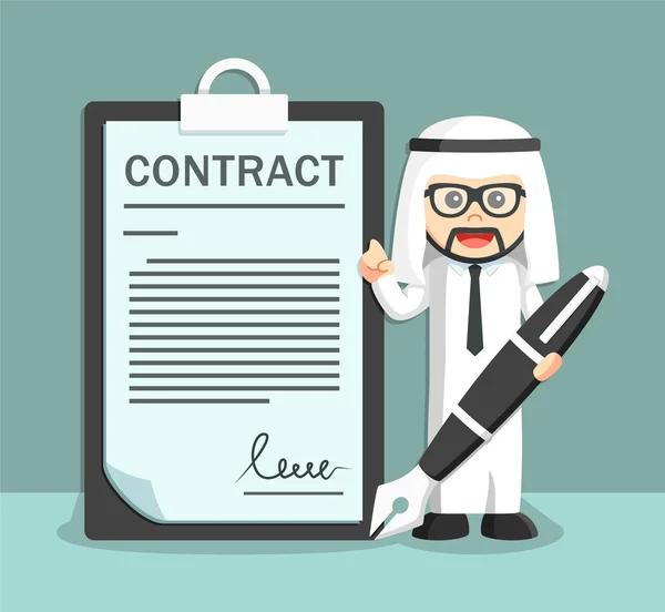 Empresário arabian com uma caneta grande e contratos de papel — Vetor de Stock