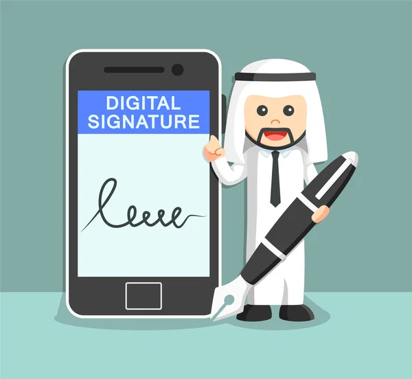 Empresário árabe com caneta grande e assinatura digital —  Vetores de Stock