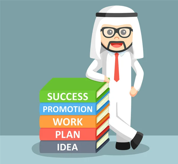 Arabische zakenman permanent naast de stapel van boek — Stockvector
