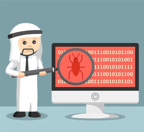 Arab businessman scanning malware on his computer — Stock Vector