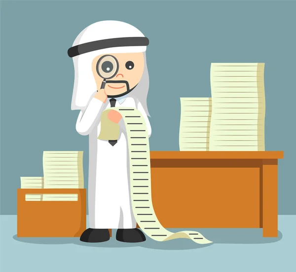 Emiraty biznesmen przy użyciu powiększyć szkło wyglądający jego zadań — Wektor stockowy