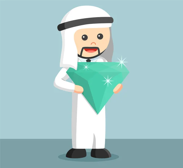 Árabe hombre de negocios sosteniendo gran diamante verde — Vector de stock