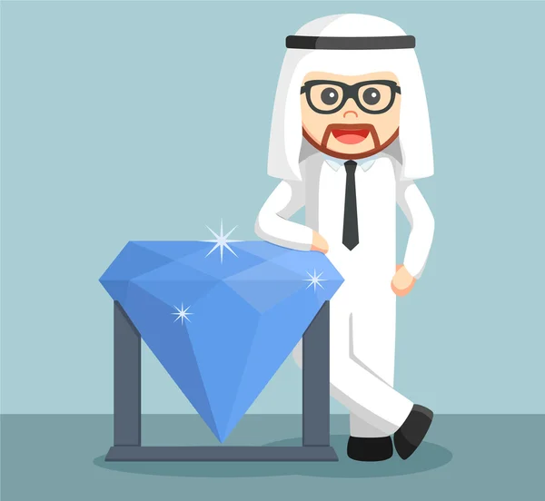Hombre de negocios árabe de pie al lado de diamante azul grande — Vector de stock