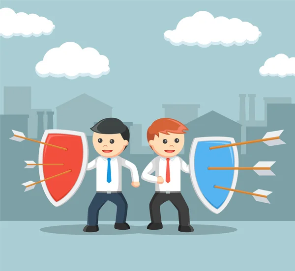 Two businessmen protect each other with shields Attack Of Arrows — Stock Vector