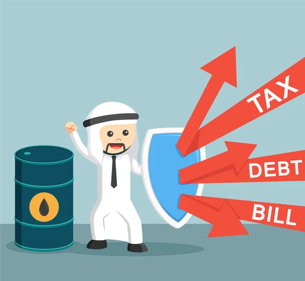 Араб бизнесмен со щитом для защиты нефти от долгового налога — стоковый вектор