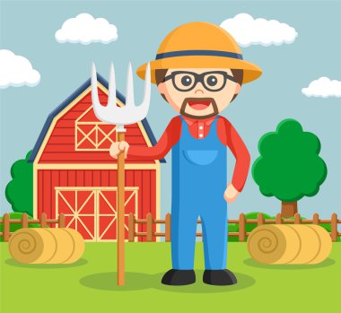 adam tahıl ambarı önünde poz