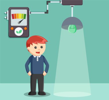 ekoloji enerji ev güç ışığı açmak için giyen bir adam