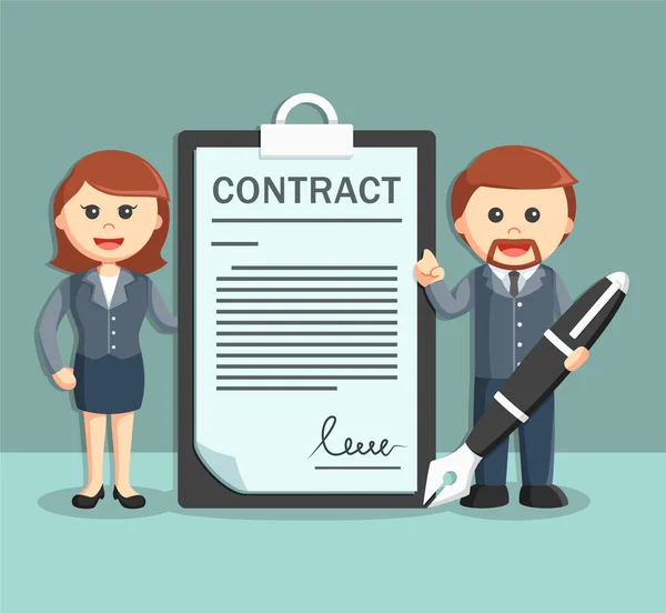 Businessman and businesswoman with contract paper and holding pen — Stock Vector