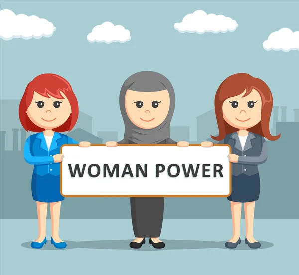 Tre kvinnliga affärskvinna höll kvinna power styrelsen — Stock vektor