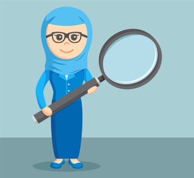 büyük bir büyüteç tutarak bir Arap iş kadını