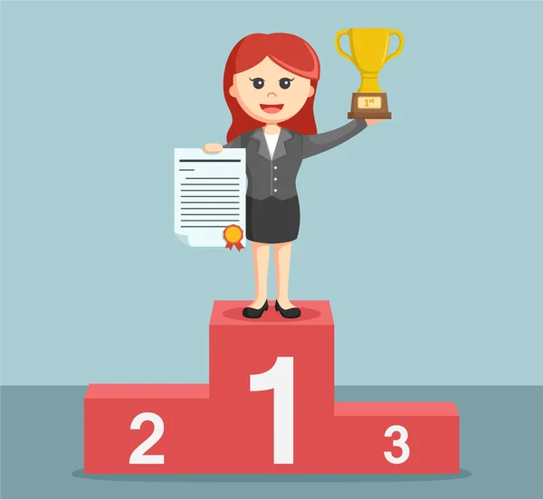 Businesswoman standing on the podium and holding a trophy — Stock Vector