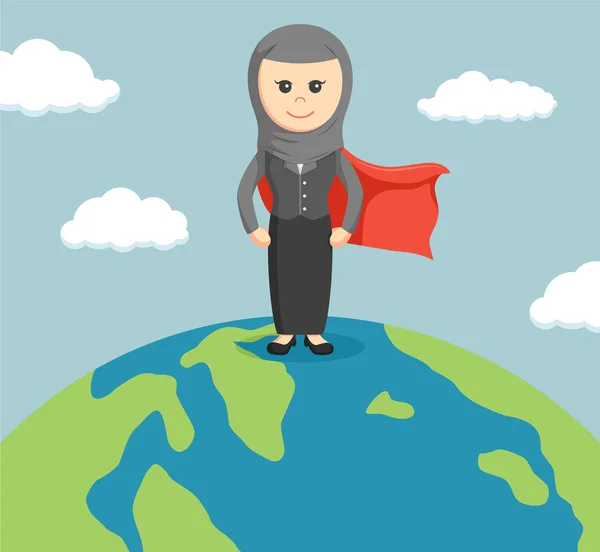 An arab businesswoman standing on a globe with super powers — Stock Vector