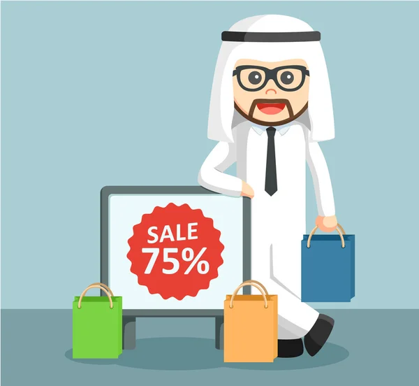 Árabe empresário de pé ao lado de um sinal de descontos — Vetor de Stock