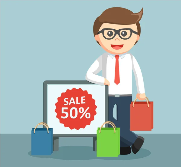 Businessman standing beside a sign of discounts — Stock Vector