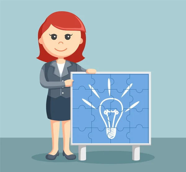 Business woman with idea puzzle board — стоковый вектор