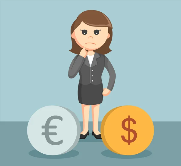 Business woman confused to choose dollar and euro — стоковый вектор