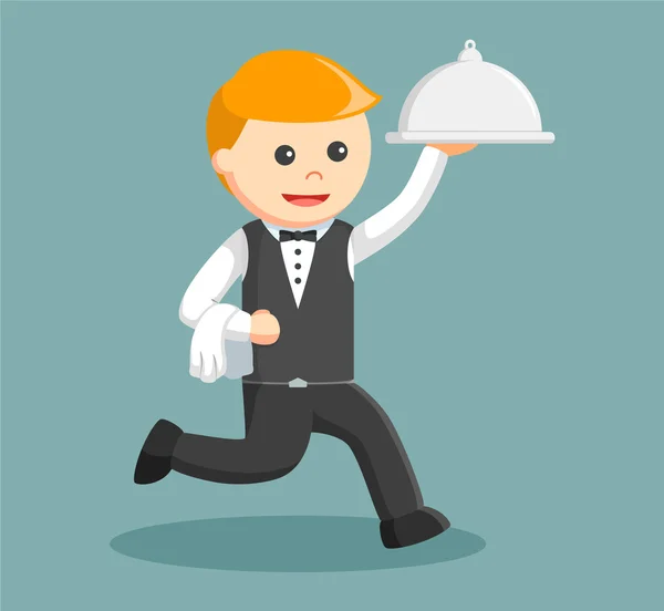 Waiter running and holding platter — Stock Vector