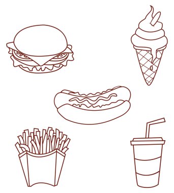 Fast Food nesne koleksiyonu elle çizilmiş kroki Doodle