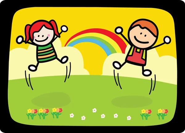 Happy kids playing at park when rainbow — Stock Vector