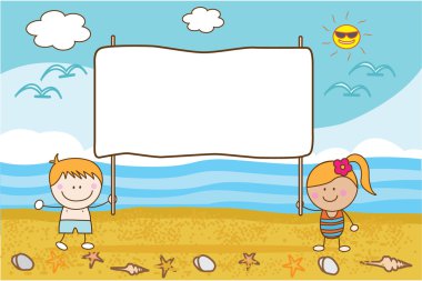 İki mutlu çocuk plaj afiş